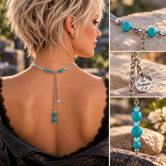 Détails arrière du collier La Perle de Tamatori – Création artisanale Montage montrant l’arrière du collier La Perle de Tamatori, sa chaîne de réglage, ses perles turquoise et son médaillon artisanal.