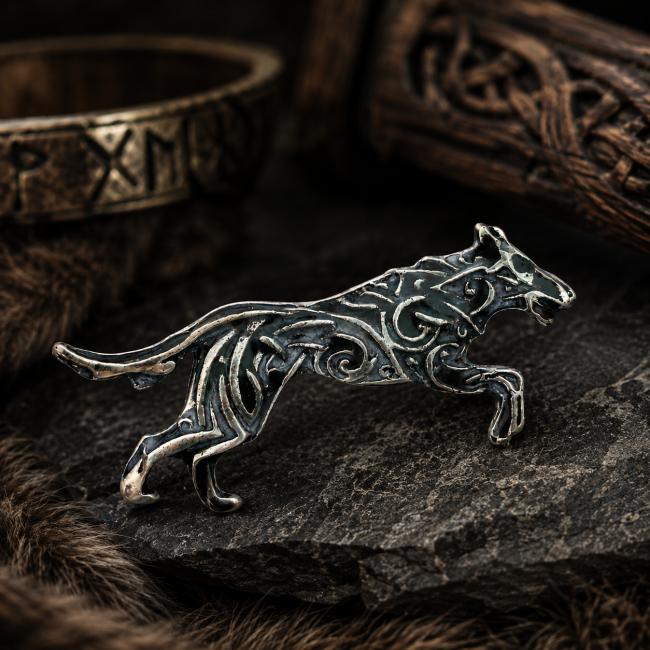Broche artisanale représentant Hati, le loup du Ragnarök, en métal argenté émaillé aux reflets gris argenté et noirs, posée sur une pierre dans une ambiance nordique sombre et mystique.
