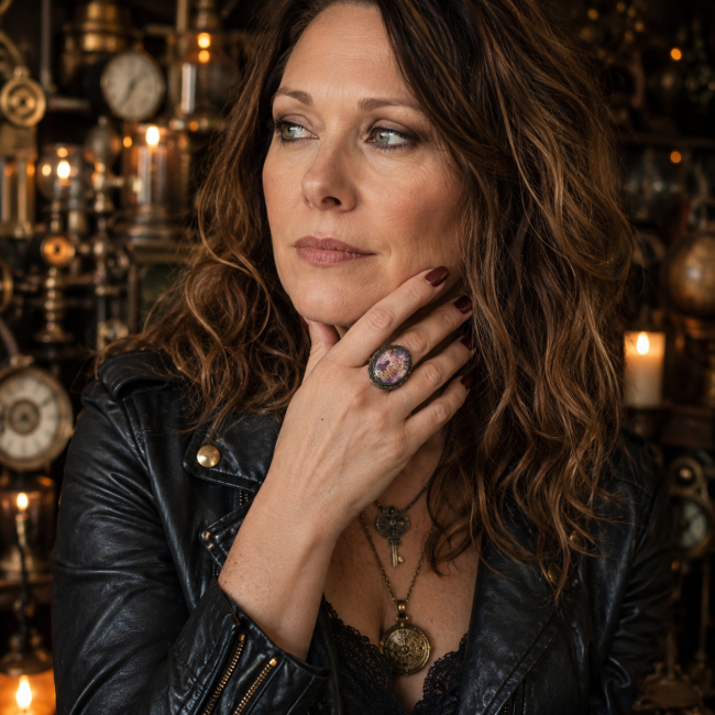 Bague steampunk femme en laiton portée | Le Sceau du Capitaine