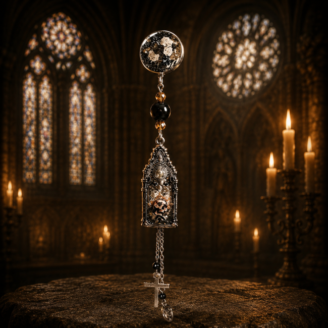 Boucle d’oreille gothique Lucerna Mortis suspendue dans une cathédrale gothique à la lumière des bougies, collection Les Sœurs de la Nuit.