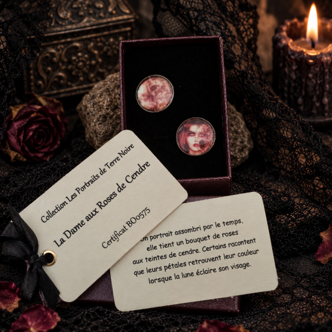 La Dame aux Roses de Cendre – Coffret, certificat et carte d'histoire Présentation du coffret cadeau des boucles d'oreilles La Dame aux Roses de Cendre avec certificat et carte de légende sur fond de dentelle noire gothique.