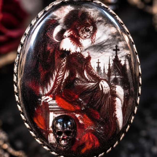 Gros plan du médaillon gothique artisanal Le Requiem de Rosamund, ange féminin aux ailes noires, cimetière, roses rouges et crâne en relief.