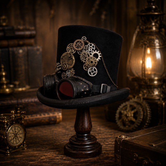 Cyrus | Haut-de-forme steampunk artisanal noir style victorien Découvrez Cyrus, un haut-de-forme steampunk artisanal noir orné d’engrenages, lunettes rétro et détails victoriens. Une pièce unique au style rétro-futuriste affirmé.