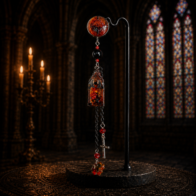 boucles doreilles asymetriques noctilith gothiques croix fleur Les Sœur de la Nuit Collection Calvéraëlle Les Sœurs de la Nuit avec deux boucles d’oreilles gothiques longues rouges et noires inspirées des vitraux sacrés.