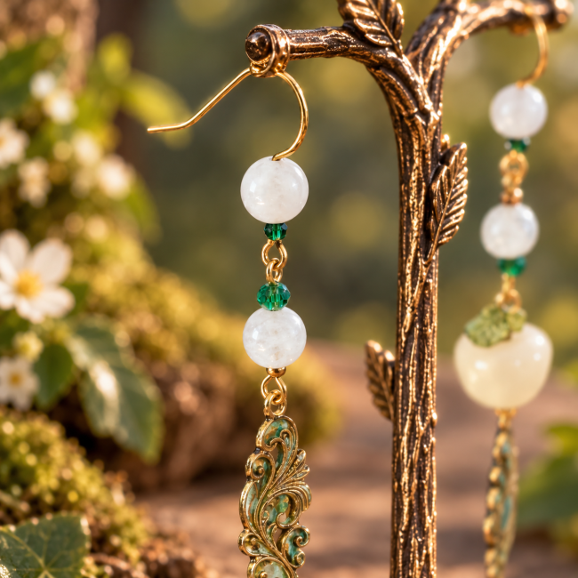 Crochet doré et pierre de lune – Boucle d’oreille artisanale Idunn Zoom sur le crochet doré en acier inoxydable et la perle de pierre de lune d’une boucle d’oreille Le Jardin d’Idunn.