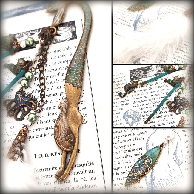 Détails du marque-page sirène Molpé avec breloques océaniques émaillées et suspension artisanale