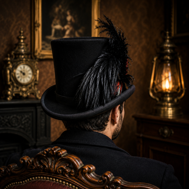 Chapeau steampunk Cyrus vue arrière porté dans un salon victorien Chapeau steampunk artisanal noir avec plumes décoratives et finitions victoriennes. Création unique portée dans une ambiance rétro-futuriste immersive.