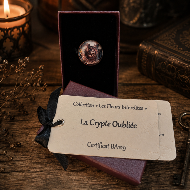 La Crypte Oubliée – Écrin et légende du bijou La Crypte Oubliée présentée dans son écrin avec sa carte racontant la légende de la crypte oubliée