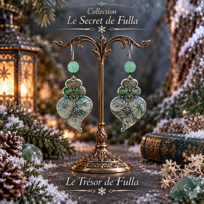 Le Trésor de Fulla, boucles d’oreilles en aventurine verte et émaillage artisanal, création de bijou d’art