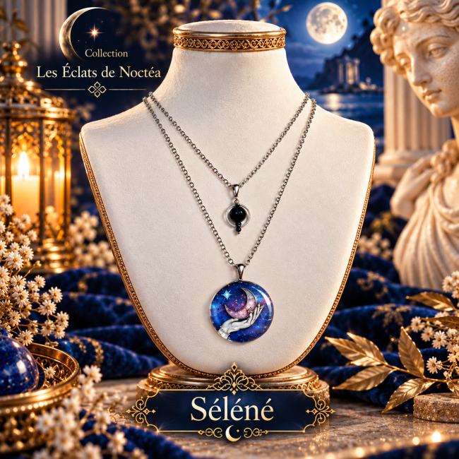 Collier double chaîne Séléné, bijou artisanal inspiré de la mythologie grecque, avec pendentif lunaire bleu nuit et perle de lapis-lazuli.