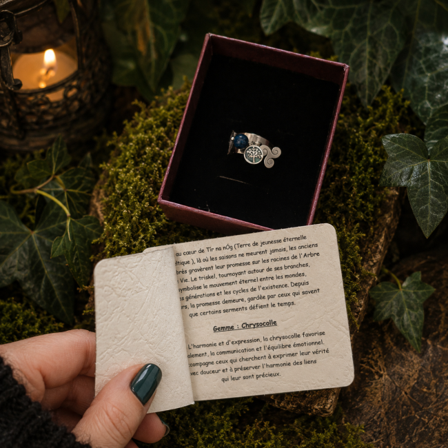 La Promesse des Immortels – Légende et chrysocolle Carte de légende de La Promesse des Immortels présentant la chrysocolle et la création artisanale