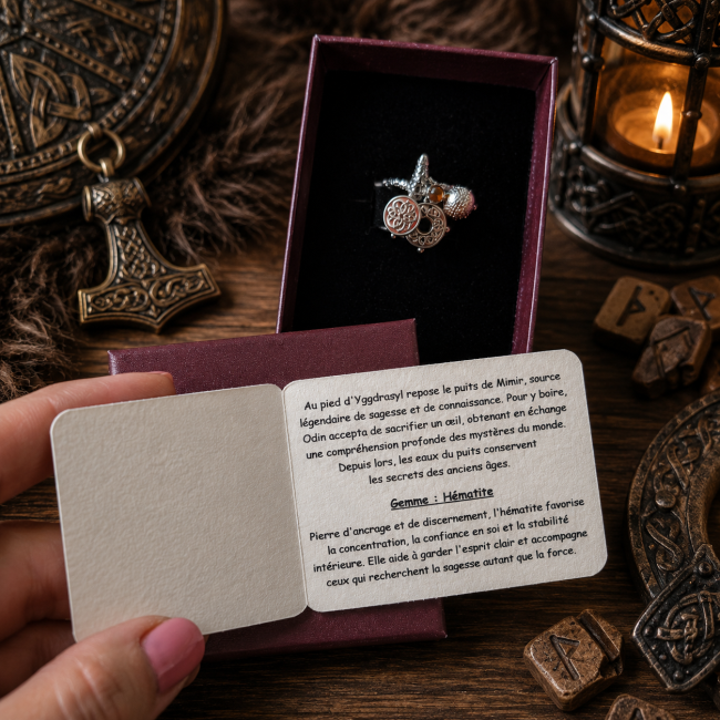 Carte d’accompagnement de la bague viking « Le Puits de Mimir », présentant la légende du puits de Mimir et les propriétés traditionnellement associées à l’hématite véritable.