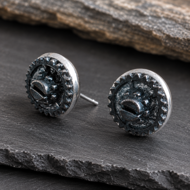 Vue détaillée des boucles d'oreilles steampunk Les Rouages de l'Éther en acier inoxydable