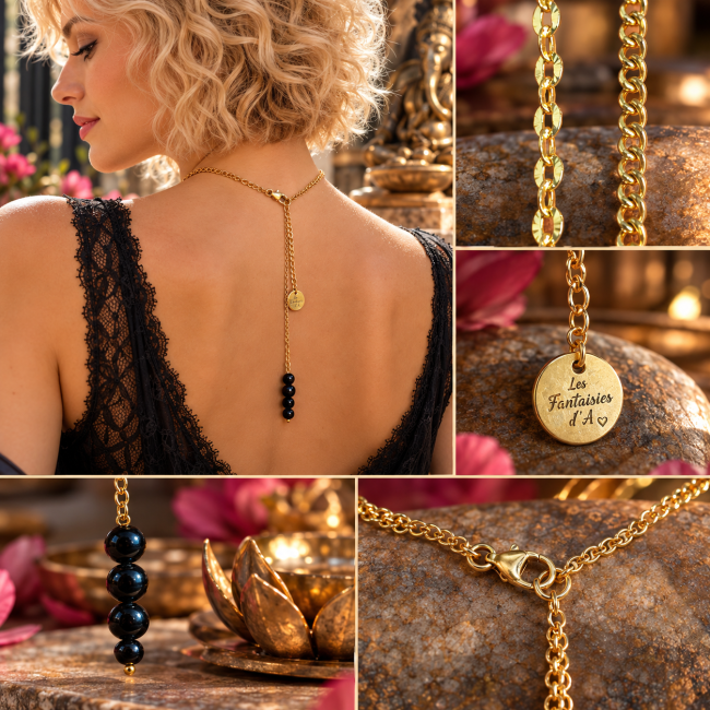 Chandra – Détails artisanaux et obsidienne noire Planche de détails du collier Chandra montrant le bijou porté de dos, ses perles en obsidienne noire, la chaîne dorée, le médaillon signature et le fermoir.