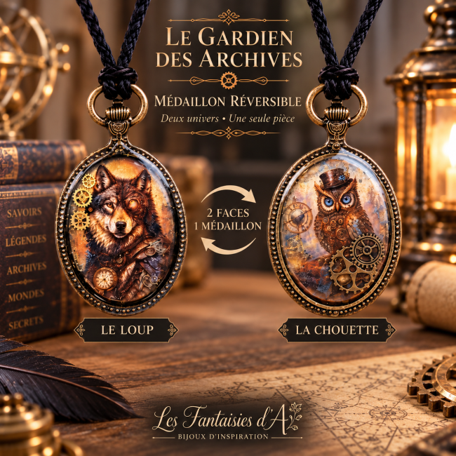 Médaillon réversible artisanal Le Gardien des Archives, création steampunk inspirée des univers fantastiques et de l’horlogerie ancienne. Une face représente un loup et l’autre une chouette, réunissant deux univers dans un seul bijou.