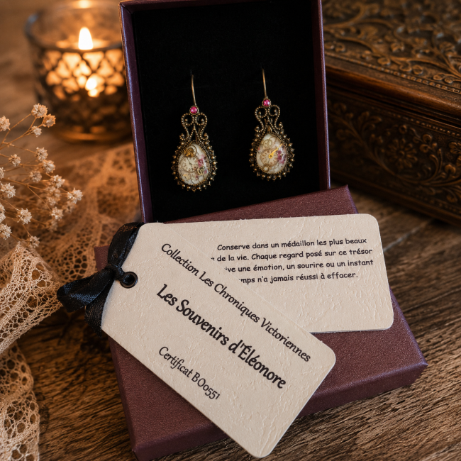 Coffret cadeau – Les Souvenirs d'Éléonore Coffret cadeau des boucles d'oreilles Les Souvenirs d'Éléonore avec carte d'identification, légende et certificat BO0551