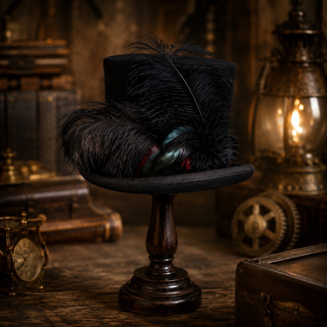 Vue arrière du chapeau steampunk Cyrus avec plumes noires artisanales Chapeau steampunk artisanal noir avec grandes plumes décoratives et ambiance victorienne immersive. Pièce unique inspirée de l’esthétique rétro-futuriste.