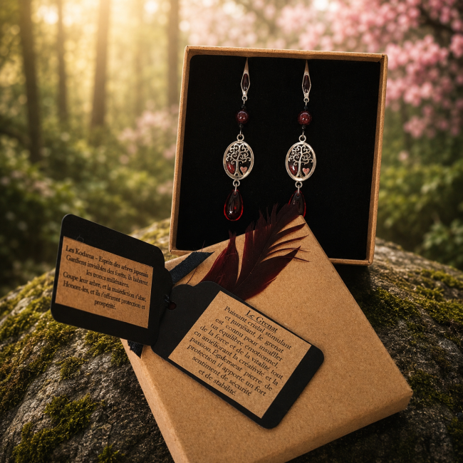 Le Sang du Cerisier – Coffret Kodama complet Présentation complète des boucles d’oreilles Kodoma avec écrin, cartes descriptives et univers inspiré des légendes japonaises. Les pampilles rouges translucides et l’arbre de vie argenté révèlent toute la poésie du bijou.
