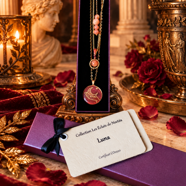 Collier Luna artisanal avec andésine véritable et médaillon réversible présenté dans son écrin