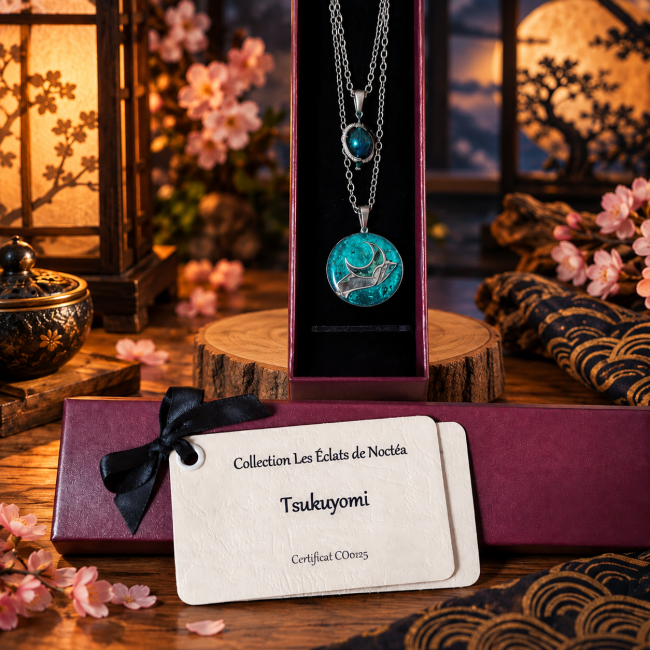 Tsukuyomi – Collier artisanal dans son écrin Collier Tsukuyomi en acier inoxydable argenté, avec pendentif lunaire et perles en chrysocolle, présenté dans son écrin avec sa carte d’identification.