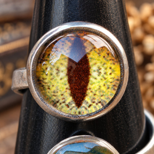 Gros plan sur le cabochon représentant l’œil du dragon sur la bague artisanale