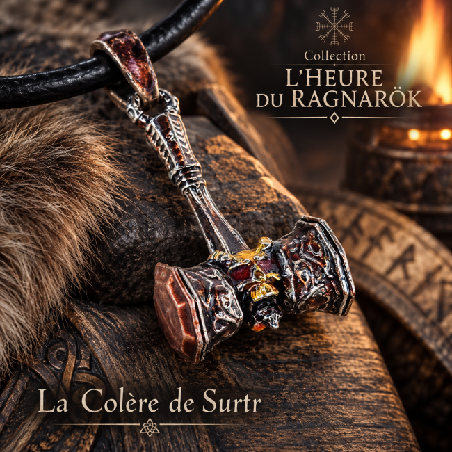 Collier artisanal d’inspiration viking composé d’un cordon en cuir noir et d’un pendentif en forme de maillet antique représentant une tête de démon en colère, entièrement émaillé à la main et travaillé en relief.