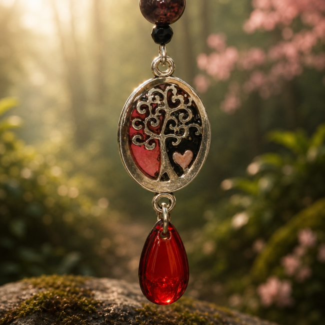 Détail arbre de vie – Kodama Le Sang du Cerisier Gros plan sur le médaillon arbre de vie des boucles Kodoma. Les nuances rouge profond et les détails argentés évoquent la sève sacrée des cerisiers japonais dans une lumière douce et naturelle.