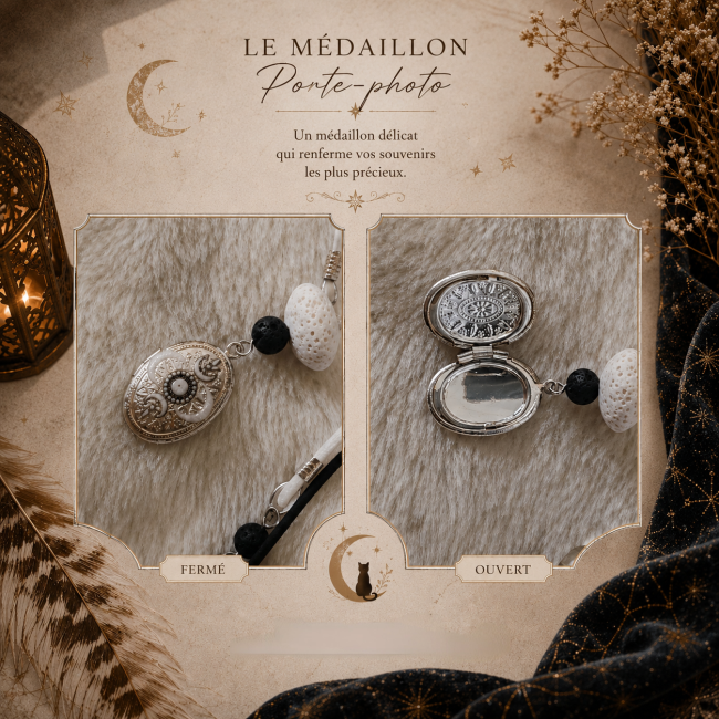 Zoom sur le médaillon porte-photo du porte-clés Le Chat de la Lune, conçu pour conserver un souvenir précieux au quotidien.