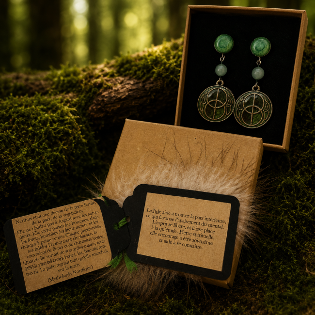 Les boucles d'oreilles Nerthus sont livrées avec leur écrin personnalisé, leur carte d'identification et leur fiche lithothérapie dédiée au jade. Une immersion complète dans l'univers spirituel et mythologique de la collection L'Alliance Primordiale.