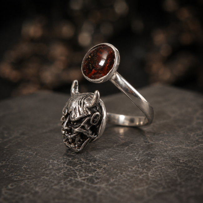 Vue de profil gauche de La Treizième Heure, bague gothique réglable à double cabochon, présentée dans une mise en scène sobre et élégante.