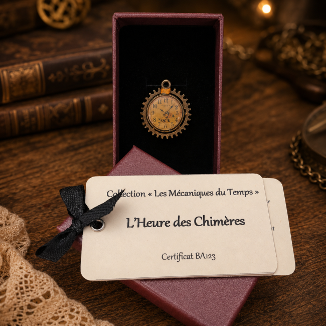 L’Heure des Chimères – Bague steampunk dans son écrin L’Heure des Chimères soigneusement présentée dans son écrin avec sa carte d’identification et son certificat d’authenticité numéroté BA123.
