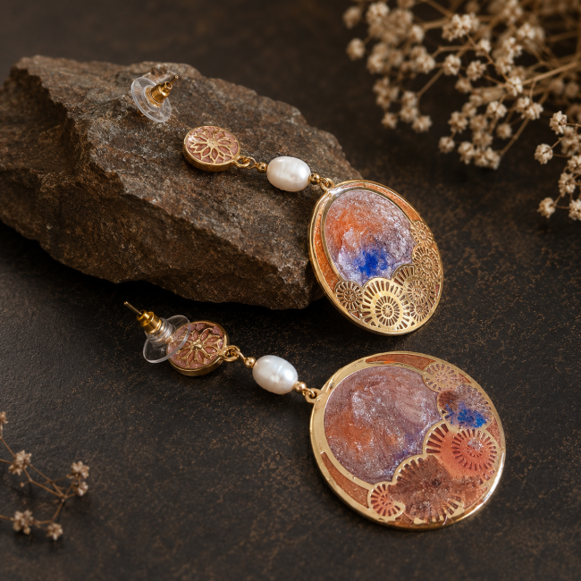 Boucles d'oreilles artisanales L'Aube de Kyōto – Vue détaillée Vue des boucles d'oreilles L'Aube de Kyōto mettant en valeur les émaux artisanaux et les perles d'eau douce.