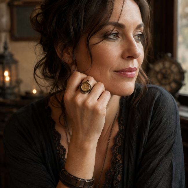 L’Heure des Chimères – Bague steampunk portée par une femme La bague L’Heure des Chimères portée dans un style féminin, contemporain et légèrement rock, au cœur d’un univers steampunk.