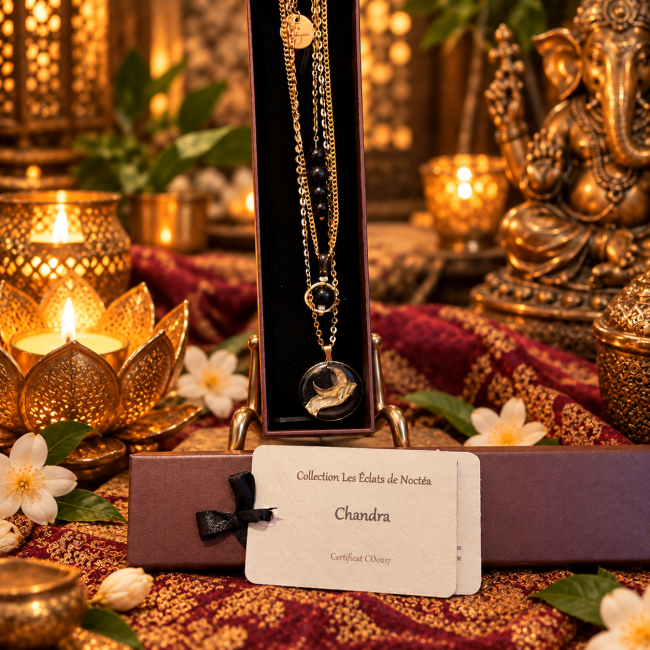 Collier Chandra en obsidienne noire – Présentation dans son écrin Collier double Chandra orné de perles en obsidienne noire présenté dans son écrin avec sa carte d'identification, dans un décor mystique doré.