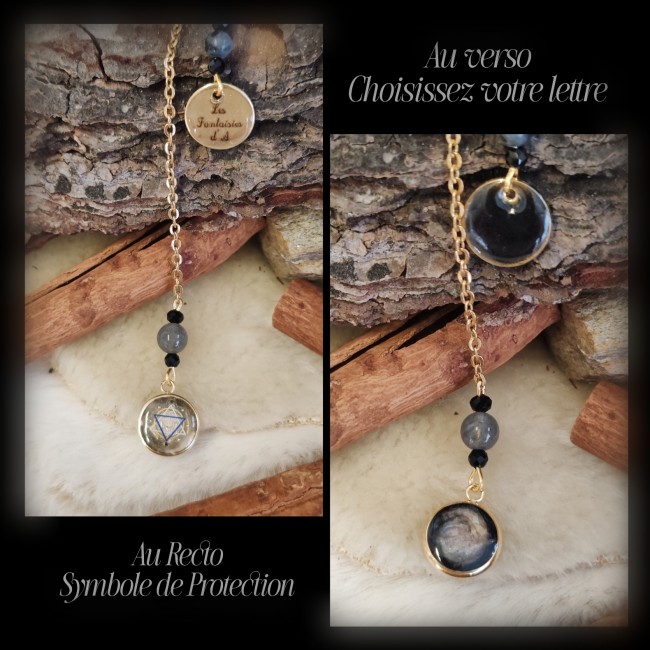 Chaînettes d’embellissement et médaillon personnalisable du collier Wedjat – Bijou artisanal et symbolique | LES FANTAISIES D'A Chaînettes d’embellissement du collier Wedjat au dos avec enfilade de perles de labradorite naturelle, pampilles noires et médaillon personnalisable avec initiale, bijou artisanal fait main