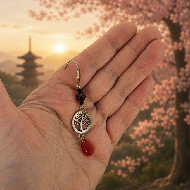 Kodama Le Sang du Cerisier – Détail en main Présentation réaliste des boucles Kodoma tenues en main pour révéler leurs dimensions et leurs détails artisanaux. Un bijou délicat aux accents rouge grenat inspiré des légendes des Kodama.