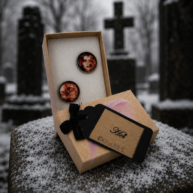 Boucles d’oreilles Hell fausses jumelles édition artisanale Boucles d’oreilles gothiques “Les Hell” présentées dans leur coffret numéroté. Création artisanale dark fantasy aux inspirations nordiques et victoriennes.