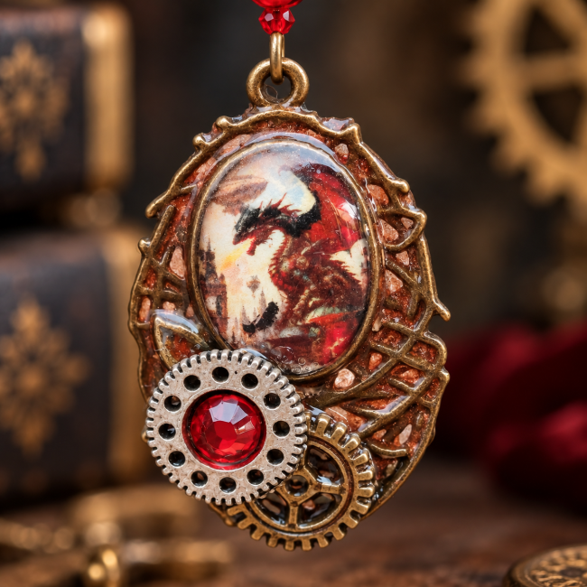 Pendentif Dragon Les Braises d’Alderys – Création Victorienne Steampunk Gros plan sur le pendentif des Braises d’Alderys révélant le dragon, les engrenages et les détails cuivrés de cette création artisanale inspirée de l’univers victorien steampunk.