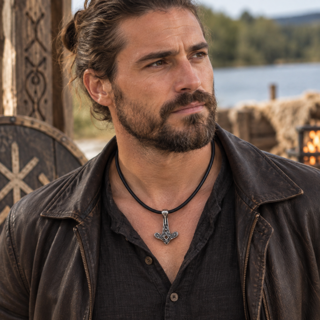 Collier viking pour homme Le Regard de Muninn – Bijou nordique Homme portant le collier viking Le Regard de Muninn, bijou artisanal inspiré de la mythologie d’Odin