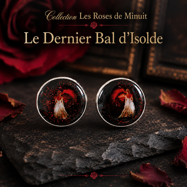 Le Dernier Bal d'Isolde – Collection Les Roses de Minuit Boucles d'oreilles Le Dernier Bal d'Isolde en acier inoxydable avec grand cabochon émaillé