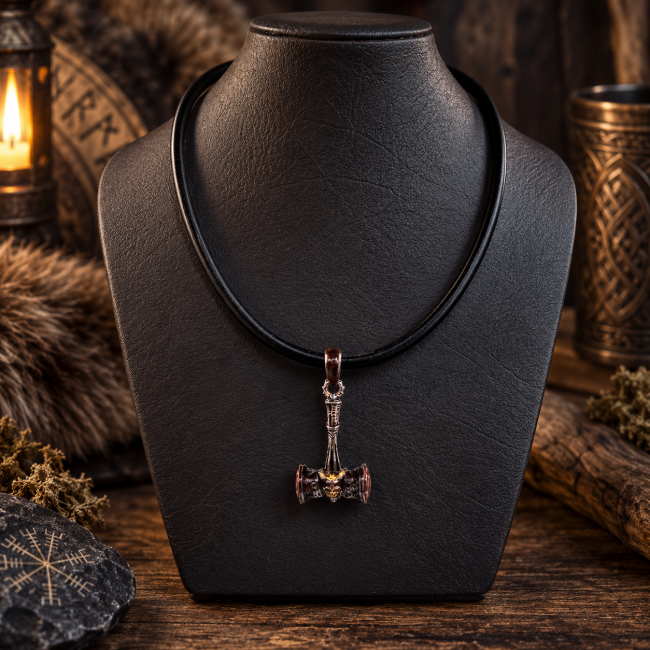 Présentation du collier La Colère de Surtr sur buste, permettant d’apprécier la longueur du cordon en cuir et la présence du pendentif en forme de maillet antique.