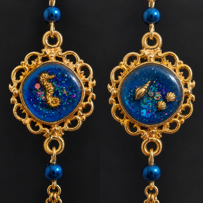 Détail des cabochons Le Sillage de l'Hippocampe Gros plan sur les cabochons des boucles d'oreilles fausses jumelles Le Sillage de l'Hippocampe, avec hippocampe doré et coquillages sur fond bleu océan.