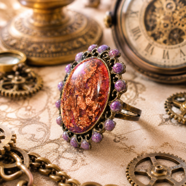 Bague femme de style victorien en laiton, vue de trois quarts, révélant son grand cabochon émaillé avec inclusions de feuilles de cuivre, son entourage violet et sa monture réglable.