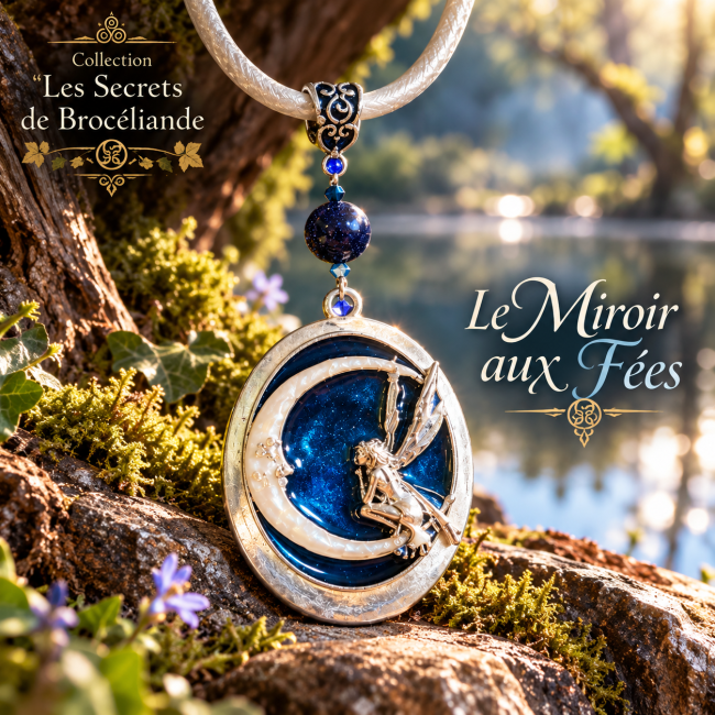 Collier artisanal Le Miroir aux Fées, avec une fée et un croissant de lune en relief sur un médaillon bleu scintillant, présenté dans un décor mystique inspiré de la forêt de Brocéliande et de son étang.