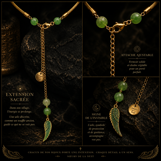 Zoom sur les détails du collier Isis : extension sacrée ajustable, aile protectrice et aventurine verte dans une composition mystique inspirée de l’Égypte antique.
