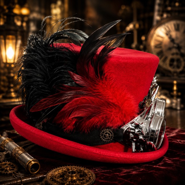 Détail plumes chapeau steampunk rouge – Création gothique artisanale Admirez les détails raffinés du chapeau steampunk Dr Jekyll : plumes noires et rouges, textures luxueuses et éléments mécaniques composent une création gothique artisanale unique inspirée de l’univers victorien.