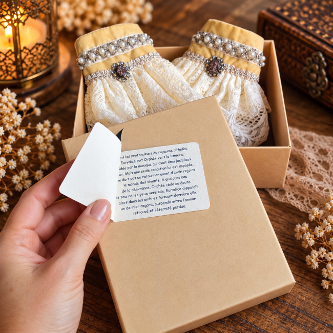 Le coffret des manchettes Le Dernier Regard d’Eurydice accompagne cette création artisanale d’une carte consacrée à la légende d’Orphée et d’Eurydice. Une paire de manchettes baroques cousues à la main, en dentelle de Calais ivoire et velours bistre, prés