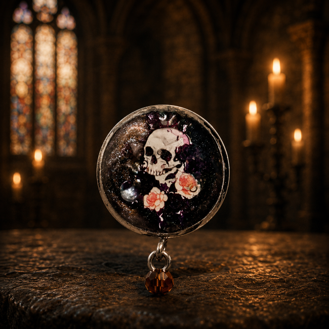 Zoom sur le cabochon gothique Lucerna Mortis représentant un crâne fleuri dans une cathédrale gothique éclairée à la bougie.