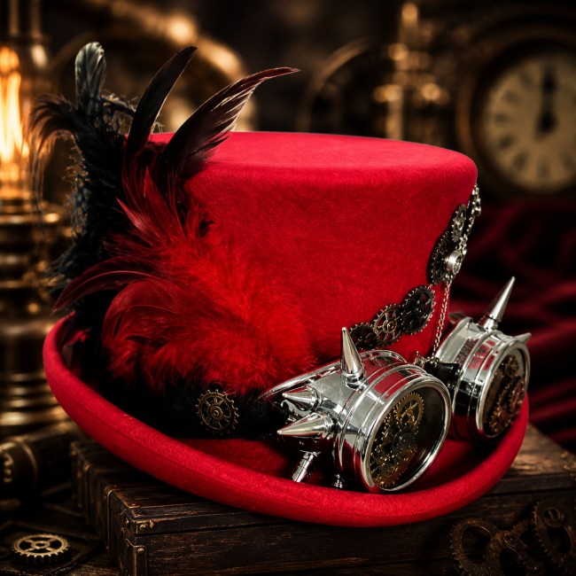 Haut de forme steampunk rouge avec lunettes vintage – Dr Jekyll Explorez l’univers du Dr Jekyll avec ce haut de forme steampunk rouge artisanal orné de plumes noires et rouges, engrenages et lunettes vintage mécaniques. Une création gothique immersive inspirée du style victorien.
