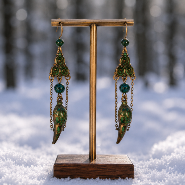 Vue de profil des boucles d’oreilles corbeau suspendues sur support doré. Ambiance hivernale nordique et rendu photographique élégant.